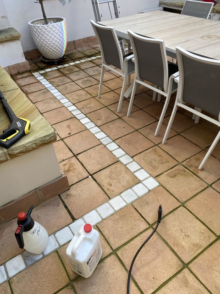 Outdoor tiles with grime and stains — before